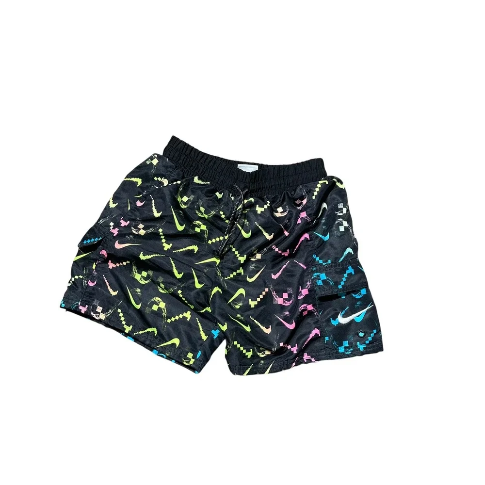 Nike Boys Swim Trunks Size M Black Pixel Swoosh Graphic Mesh‎ Lined